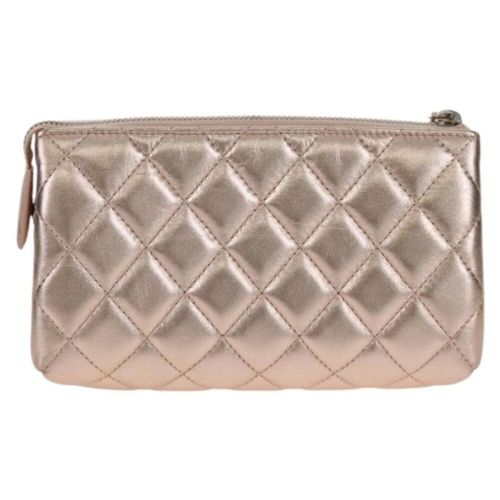 CHANEL Matelasse Pouch Lamb Skin Pink Gold CC Auth 157936M - Picture 2 of 16